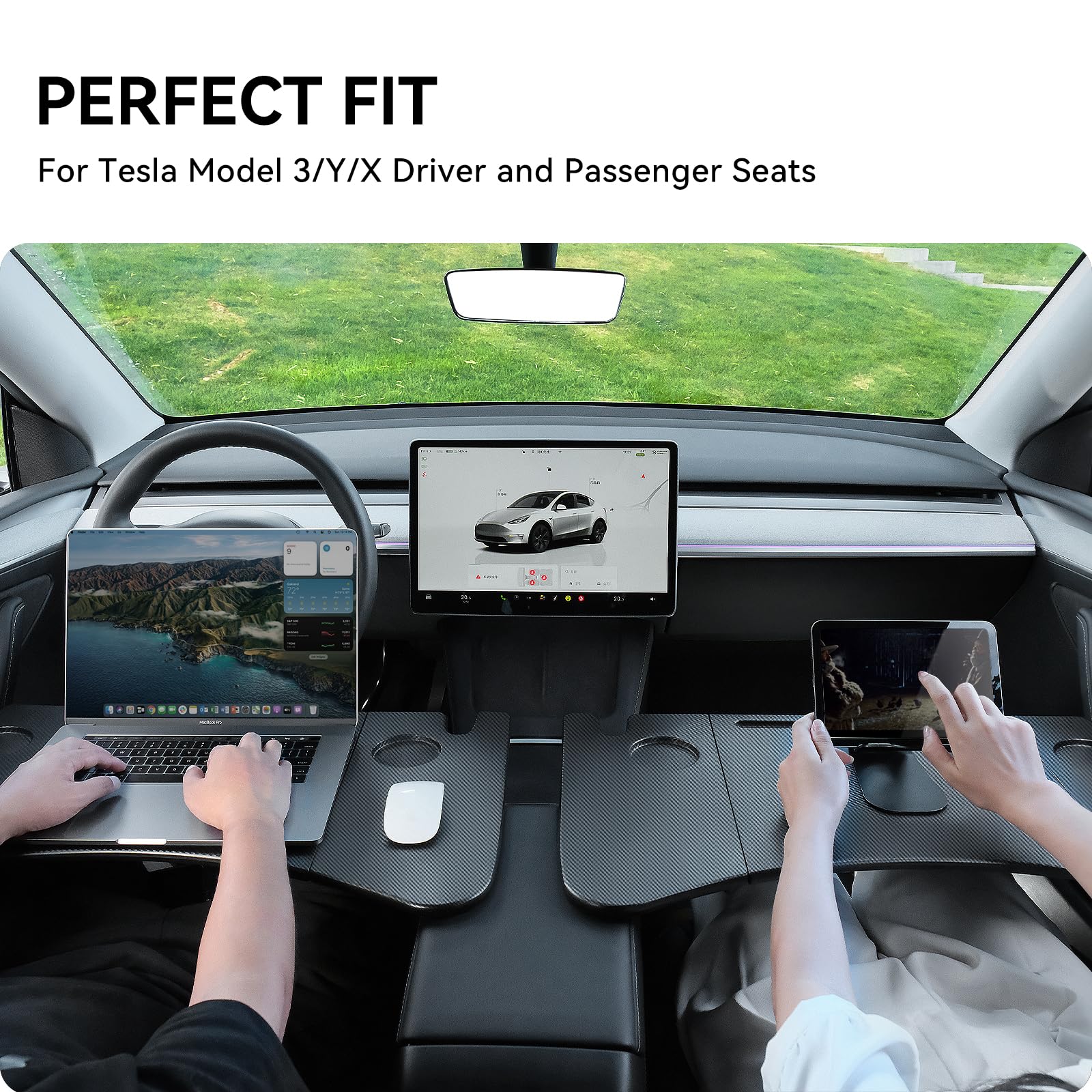 DSTAR - Foldable Desk Food Tray (Carbon Edition) for Tesla Model Y Juniper Model 3 - Upgraded Table with Support Leg for Dining, in-Car Work, Travel and Outdoor (2 Pack)