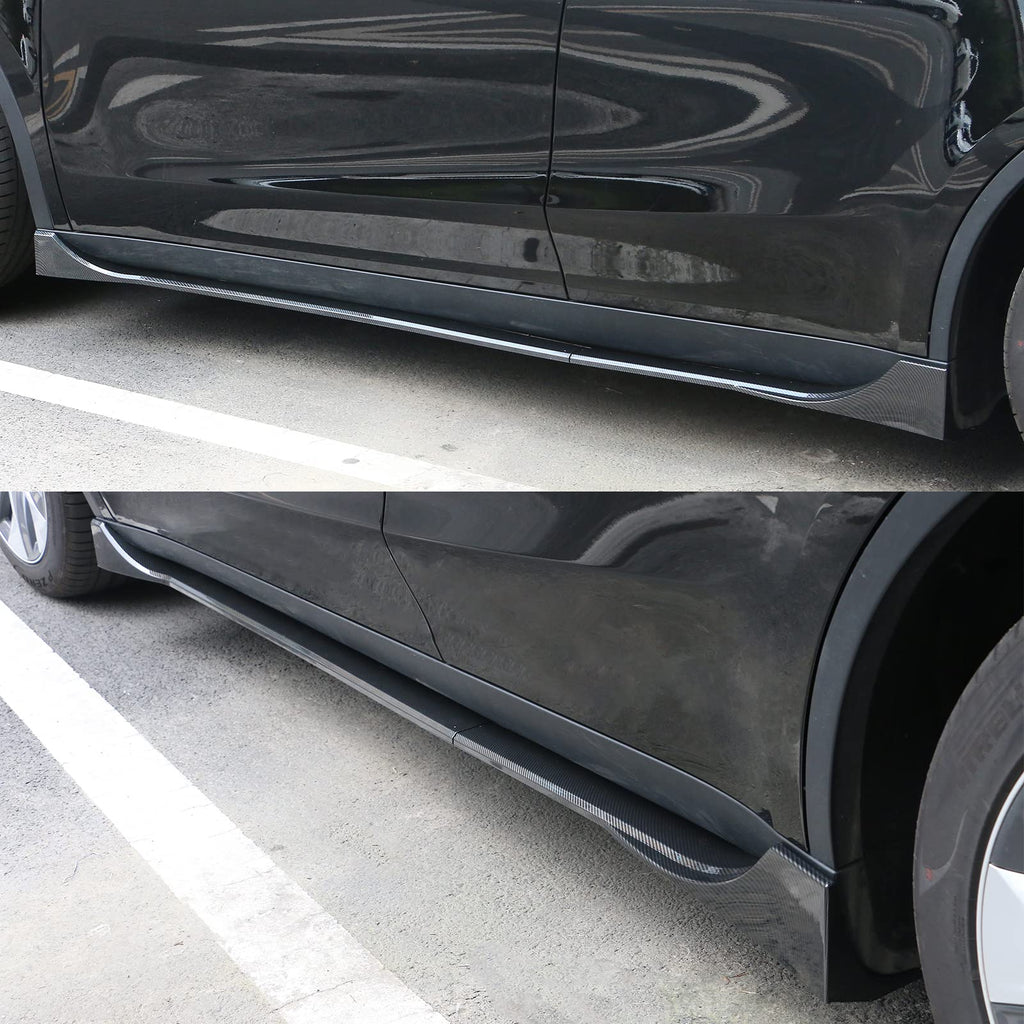 IKON MOTORSPORTS, Side Skirts Compatible with 2020-2024 Tesla Model Y, Carbon Fiber Print IKON Style ABS Plastic Side Skirt Extension Splitter Rocker Panel Pair, 2021