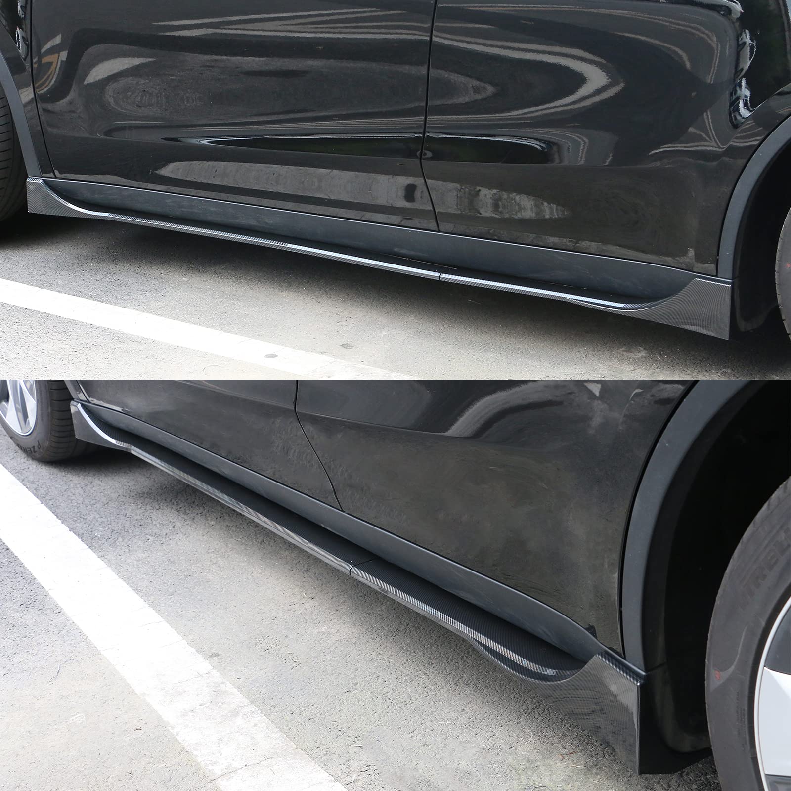 IKON MOTORSPORTS, Side Skirts Compatible with 2020-2024 Tesla Model Y, Carbon Fiber Print IKON Style ABS Plastic Side Skirt Extension Splitter Rocker Panel Pair, 2021