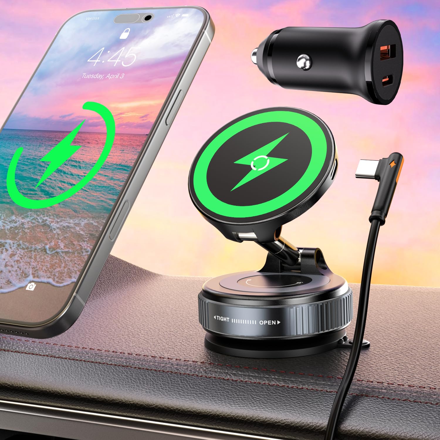 DSI - 15W for MagSafe Car Mount Charger, Magnetic Wireless Car Phone Holder for iPhone 17 16 15 14 13 12 Pro Max, 360° Adjustable iPhone Charger for Car with USB C Car Charger Adapter
