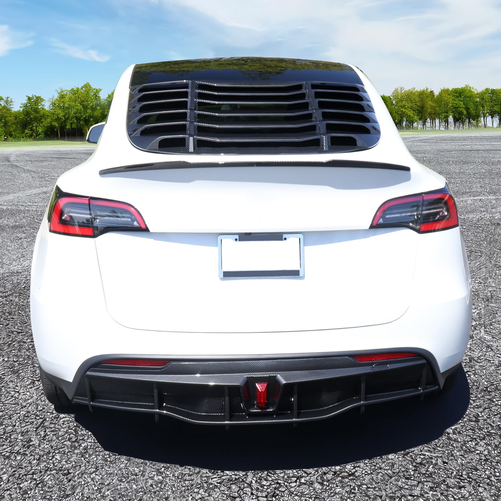 DSI - Rear Diffuser with LED Light Fits 2020-2024 Tesla Model Y, Add-on Carbon Fiber Print PP IKON Style Rear Bumper Molding Protector Lip with LED Lamp