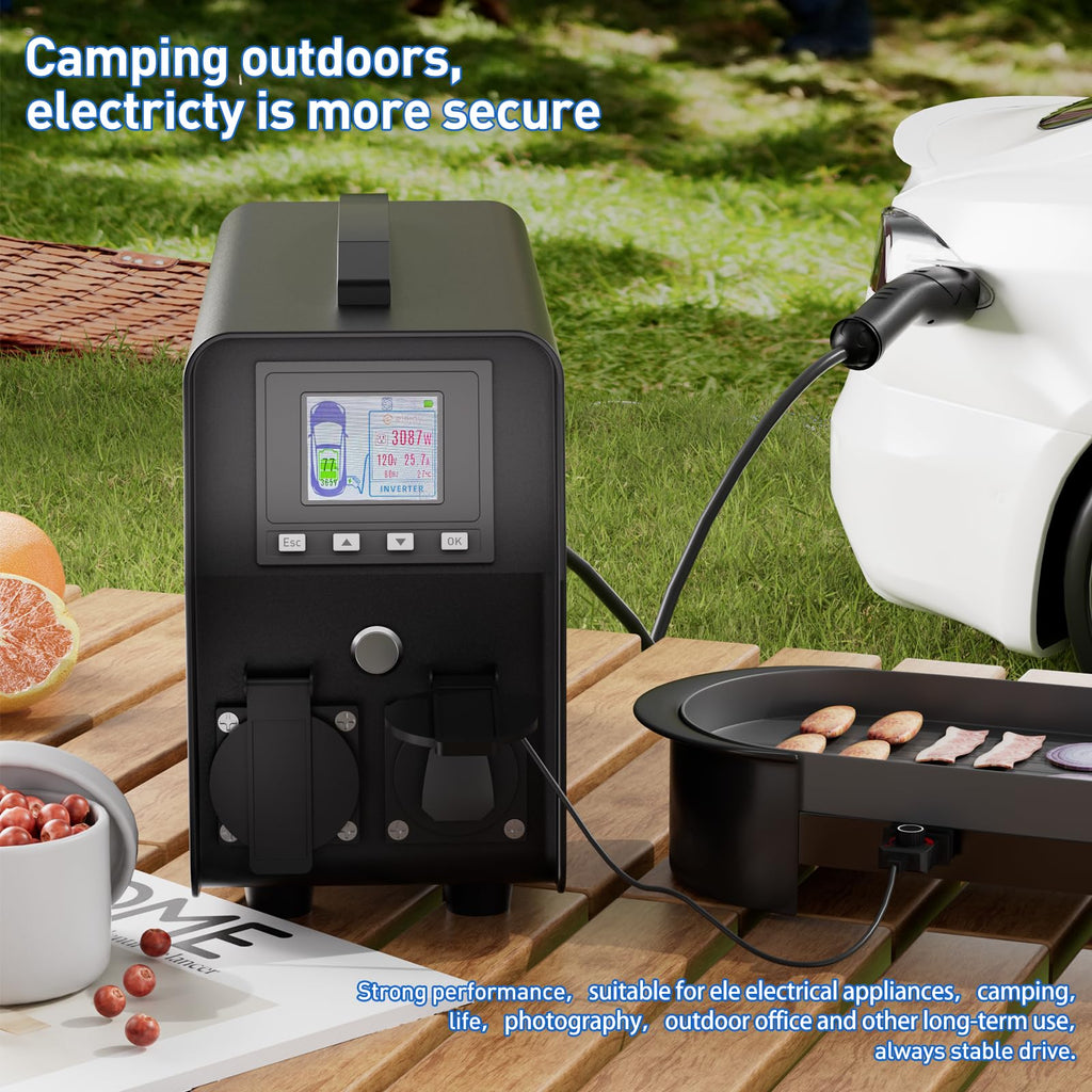 DSI - 3Kwh EV Discharger V2L Adapter Discharge Gun Compatible with Tesla Model 3/Y/S/X After May 2019 NACS Standard Battery Protection 120V/240V Output LCD Display Outdoor Camping Emergency
