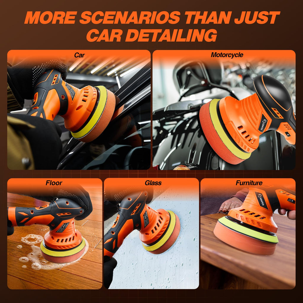 DSI - Cordless Buffer Polisher, 6 Inch Fast Charging Portable Car Polishing Kit with 2PCS 12V 2000mAh Batteries, Polisher for Car Detailing Polishing Waxing (Orange, Buffer Polisher+2 Batteries+1 Bag)