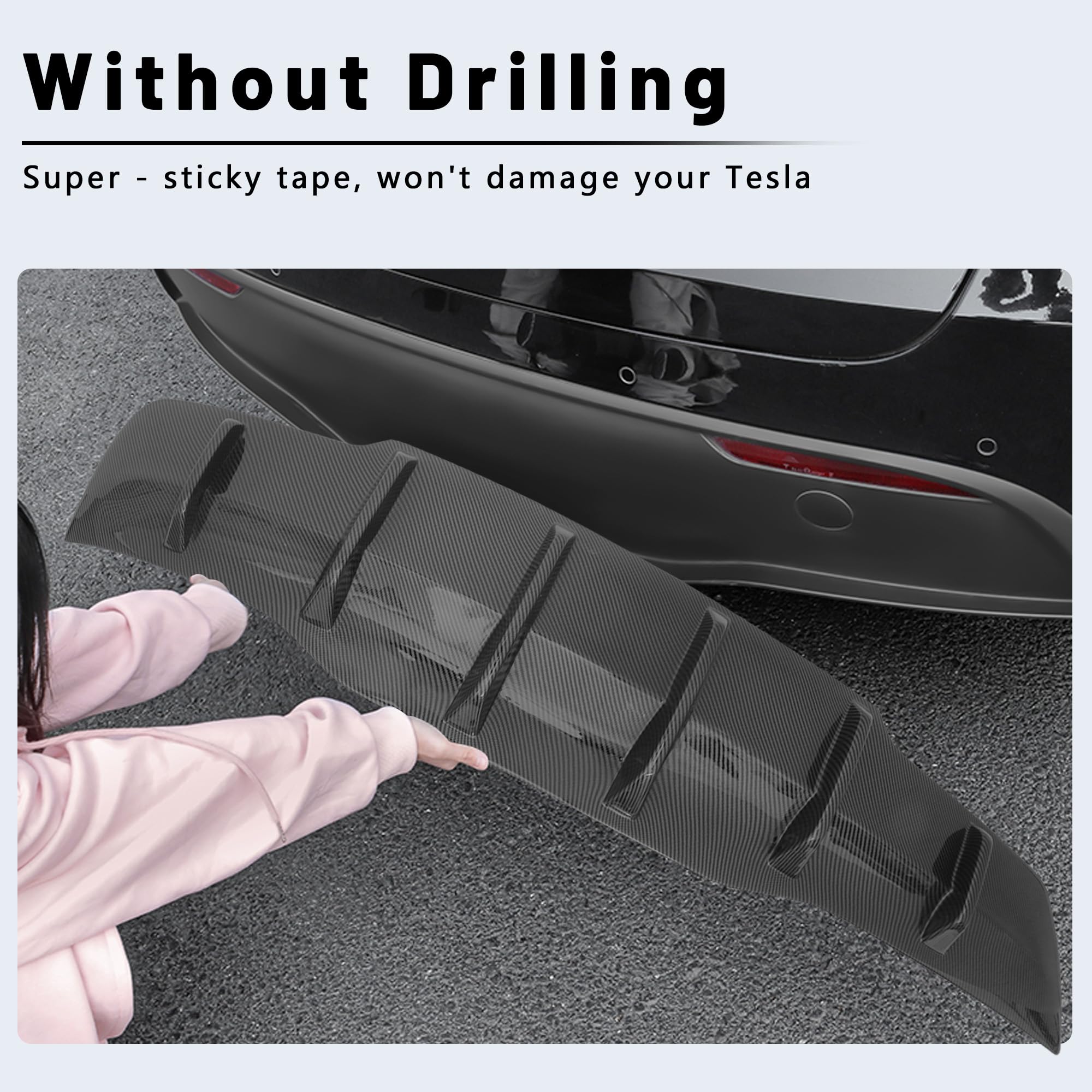 DSI - Rear Diffuser for Tesla Model Y (2020-2025) – No Drilling. This Rear Bumper molding Protector Lip is Made of PP Material with Not Applicable Juniper (Matte Carbon Fiber)