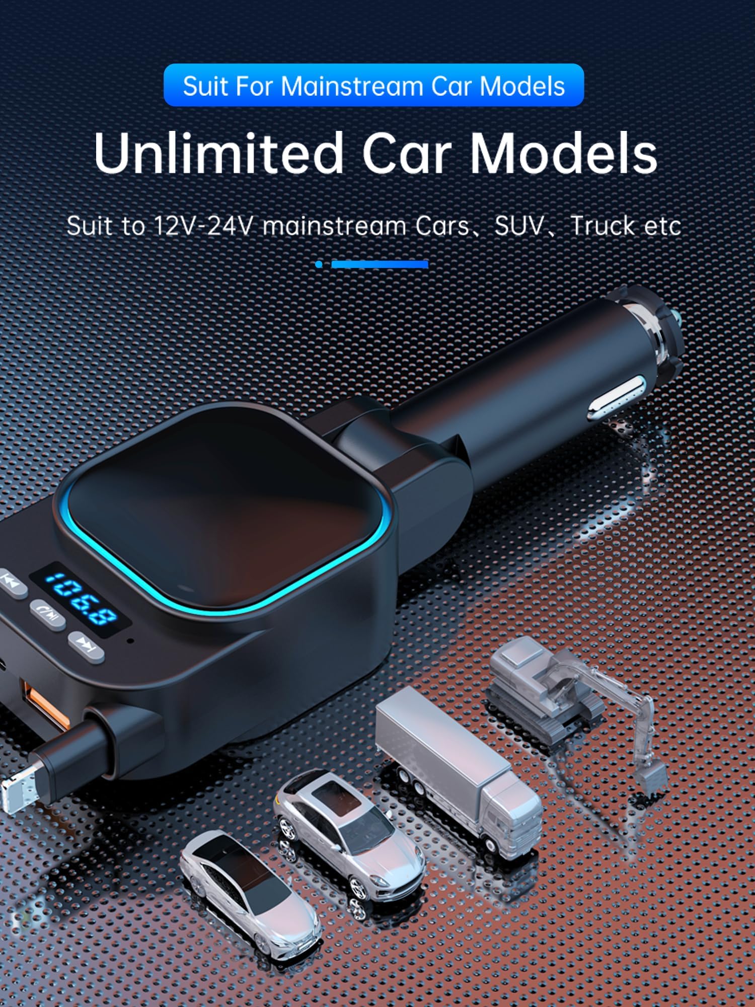 DSI - Retractable Car Charger 96W with Bluetooth Car Adapter, 4 in 1 Fast Charging, Radio Bluetooth 5.3 FM Transmitter, Handsfree Calling, USB C Phone car Charger Adapter for iPhone 16 15 14 13 12