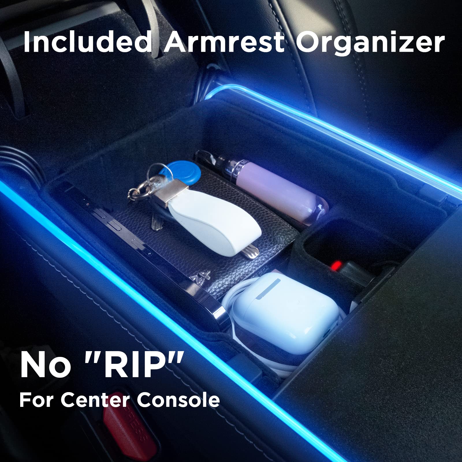 DSI - Interior Car Neon Light Fit for Tesla Model 3 Y 2021 2022 2023 (Center Console+Dashboard+Seat+4 Foot Lights) with Matching Armrest Organizer, Tesla Ambient Lights, APP-Controlled RGB LED