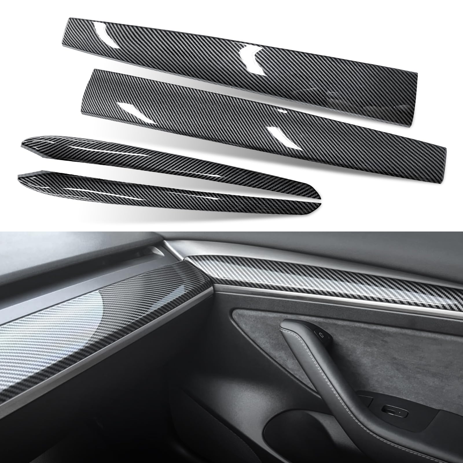 DSI - Carbon Fiber-ISH Dashboard/Door trim panel cover - (Diamond Star Inspected/Approved) Fits 2019-2024 Tesla Model Y & 2021-2023 Model 3  - M3 & MY Tesla Interior Cover Panels 4PCS-Gloss Carbon Fiber - $58.99