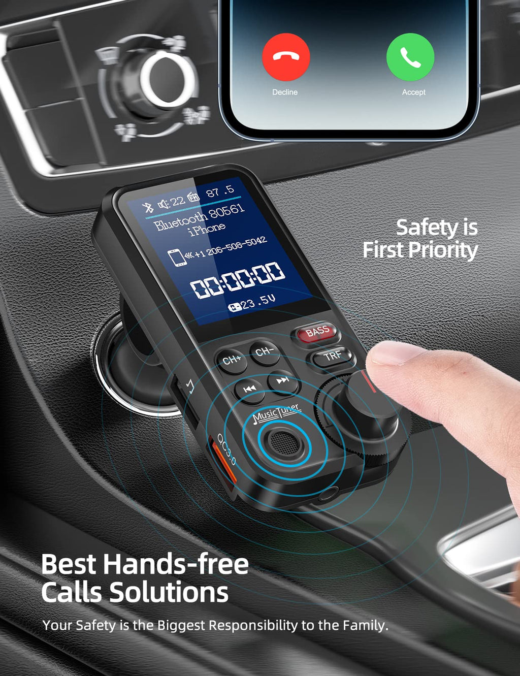 DSTAR - Bluetooth Car Adapter 1.8" Color Screen Strong Mic, QC3.0 Fast Charger Wireless FM Radio Transmitter with Treble & Bass Sound Music Player, Hands-Free Calls, Supports AUX/TF Card/USB Drive