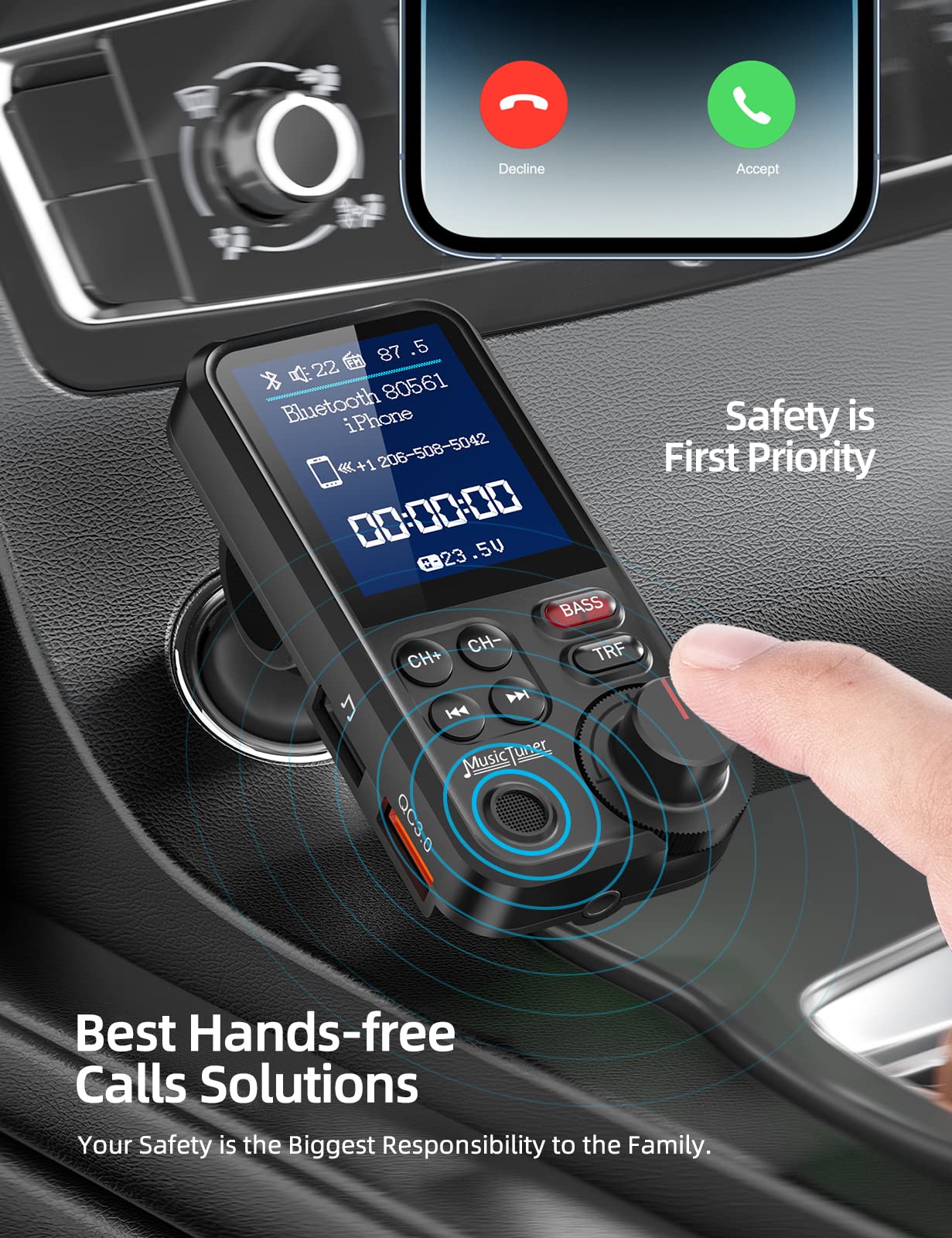 DSTAR - Bluetooth Car Adapter 1.8" Color Screen Strong Mic, QC3.0 Fast Charger Wireless FM Radio Transmitter with Treble & Bass Sound Music Player, Hands-Free Calls, Supports AUX/TF Card/USB Drive