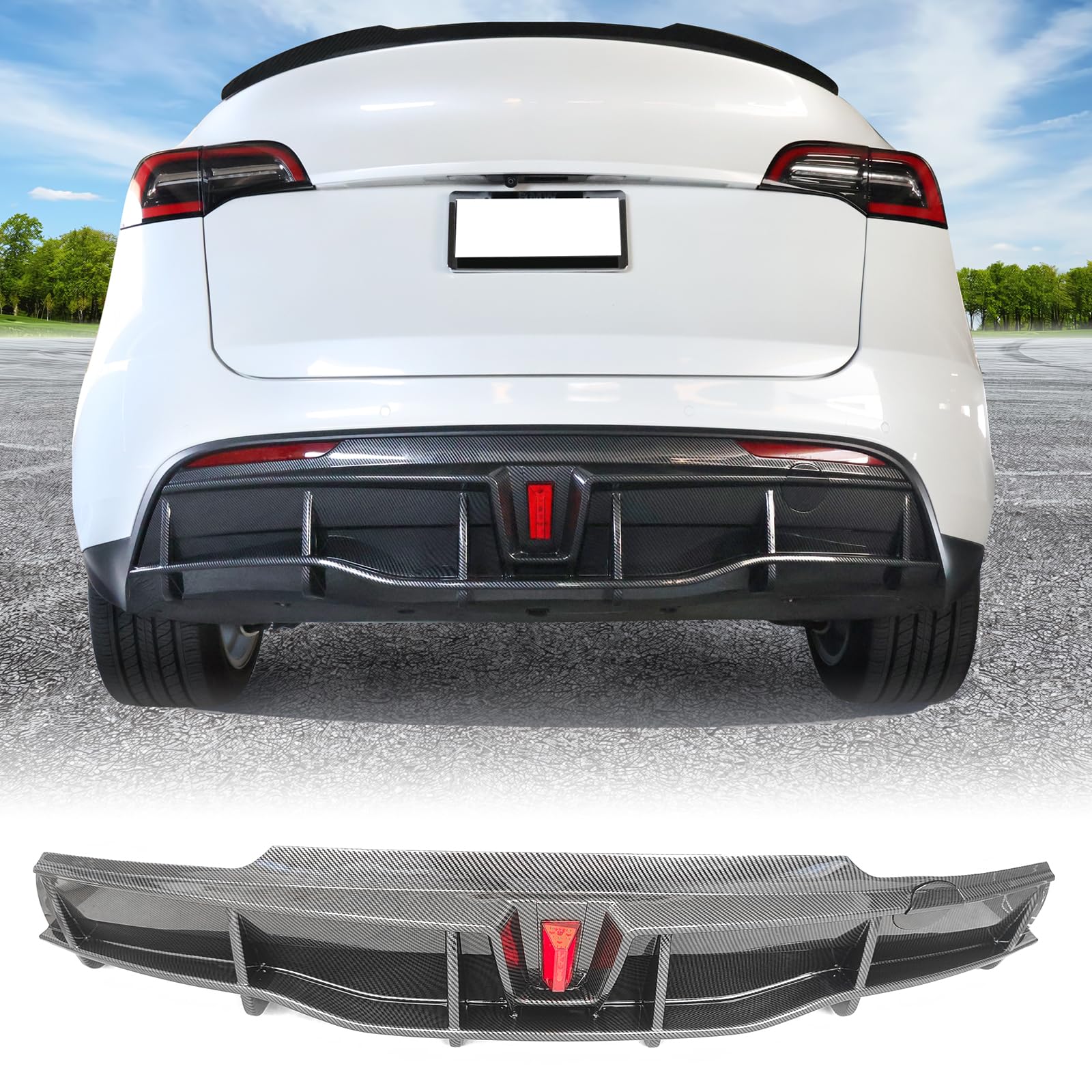 DSI - Rear Diffuser with LED Light Fits 2020-2024 Tesla Model Y, Add-on Carbon Fiber Print PP IKON Style Rear Bumper Molding Protector Lip with LED Lamp