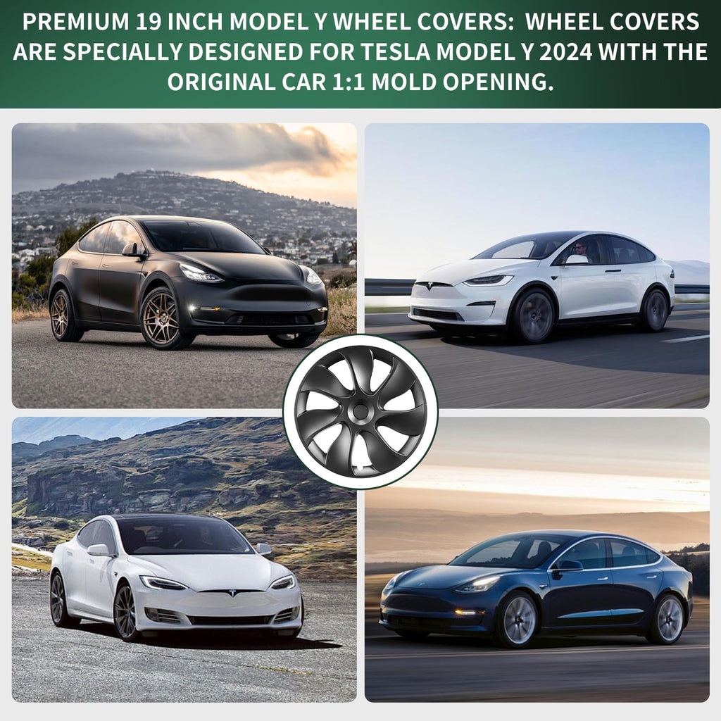 DSI - Tesla Model Y Wheel Covers, 19 Inch, 4-Piece Set, Matte Black ABS, Snap-in Installation, 2020-2024 Compatible