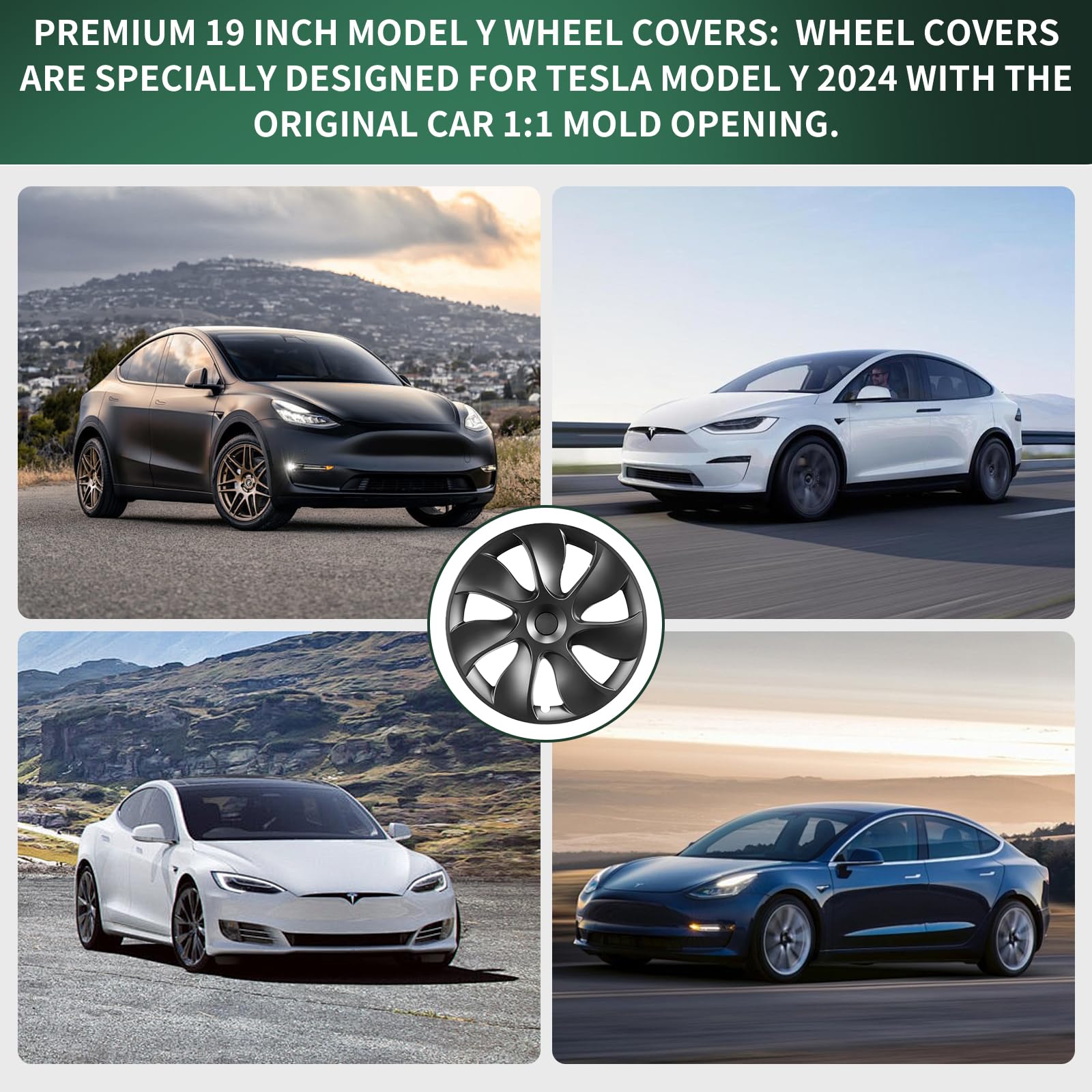 DSI - Tesla Model Y Wheel Covers, 19 Inch, 4-Piece Set, Matte Black ABS, Snap-in Installation, 2020-2024 Compatible