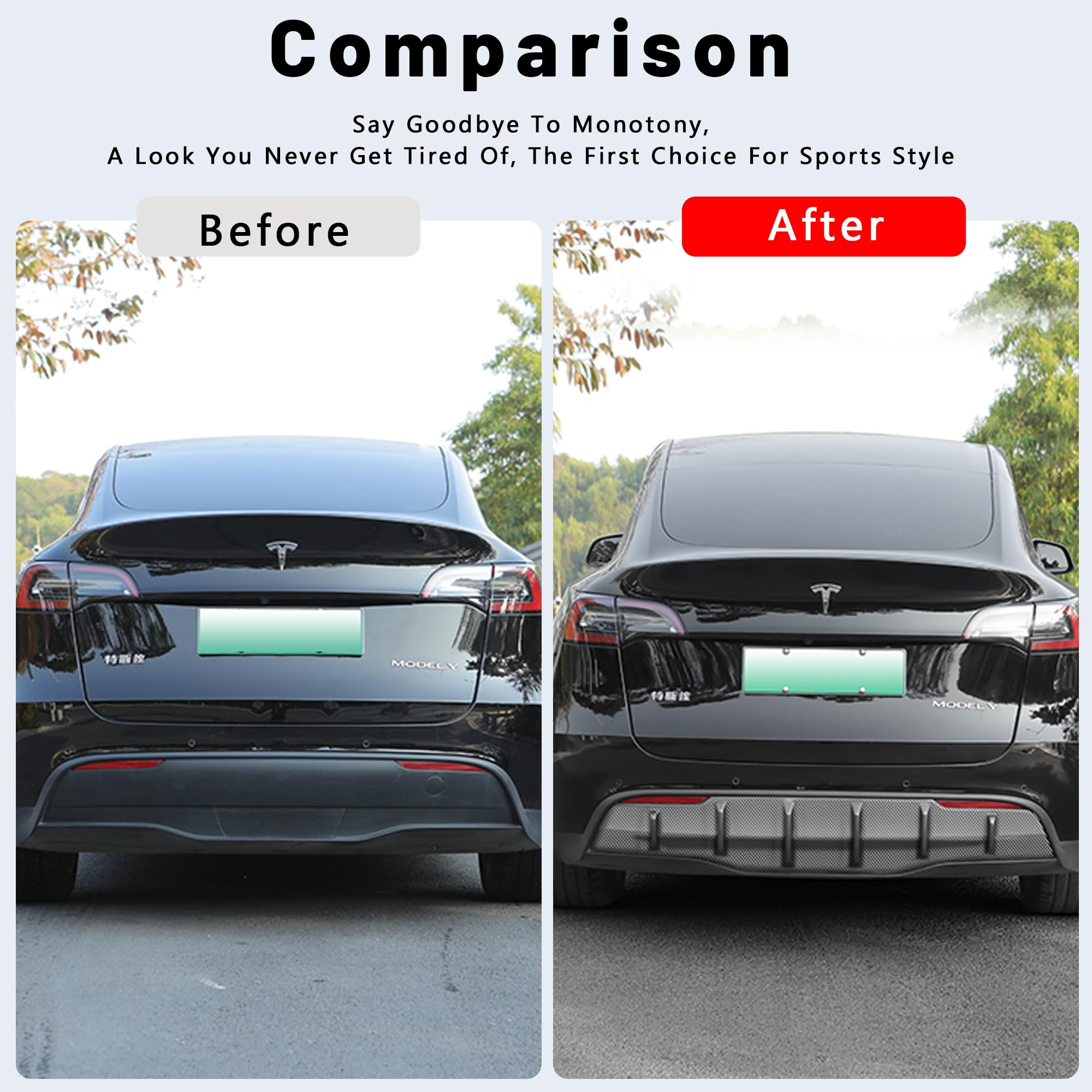 DSI - Rear Diffuser for Tesla Model Y (2020-2025) – No Drilling. This Rear Bumper molding Protector Lip is Made of PP Material with Not Applicable Juniper (Matte Carbon Fiber)