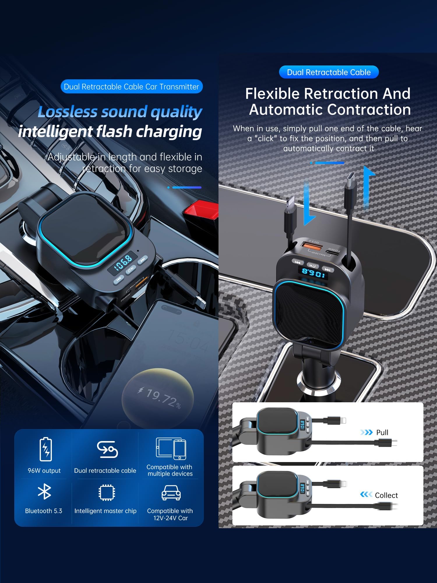 DSI - Retractable Car Charger 96W with Bluetooth Car Adapter, 4 in 1 Fast Charging, Radio Bluetooth 5.3 FM Transmitter, Handsfree Calling, USB C Phone car Charger Adapter for iPhone 16 15 14 13 12