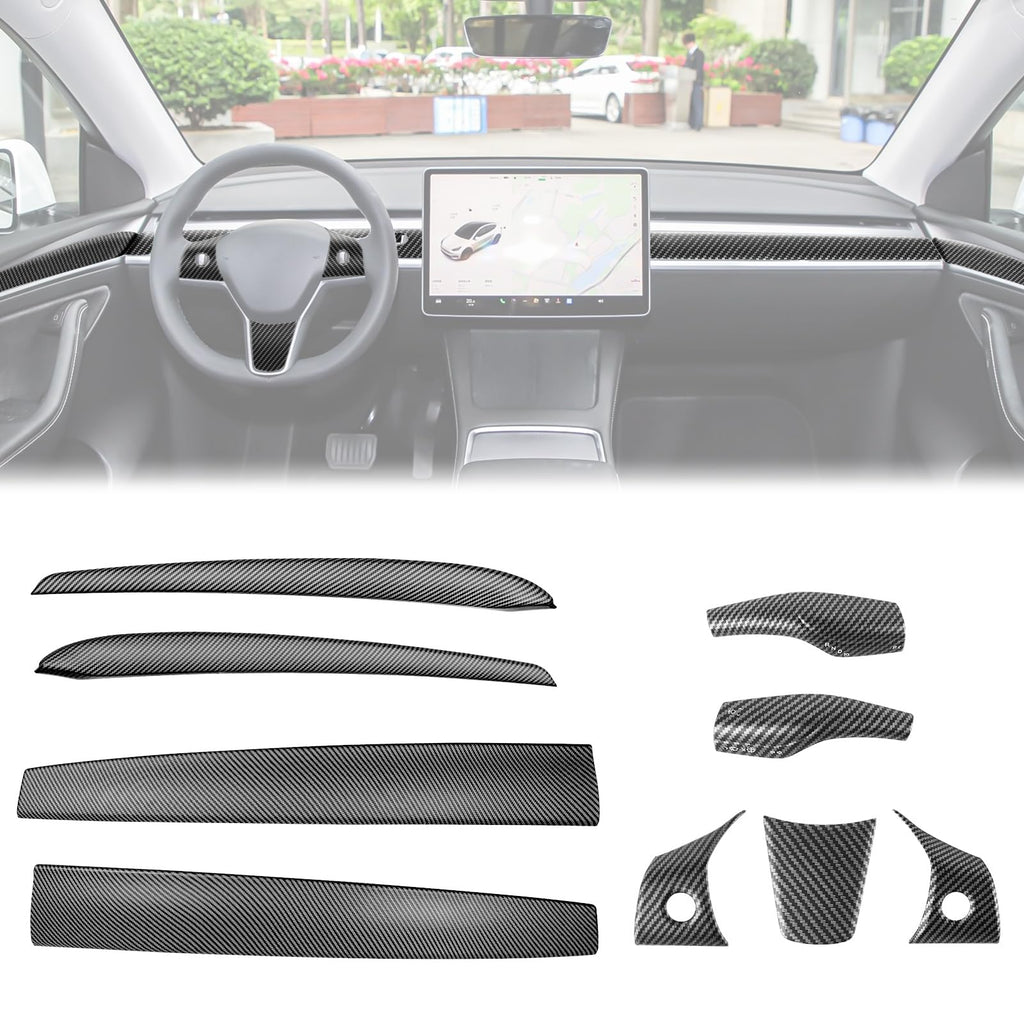 DSI - 9 PCS Carbon Fiber Interior Decor Trim Cover Kit Compatible with 2021-2023 Tesla Model 3 & 2019-2024 Model Y, Dashboard Cover Door Panel Cover Steering Lever Cover Steering Wheel Cover