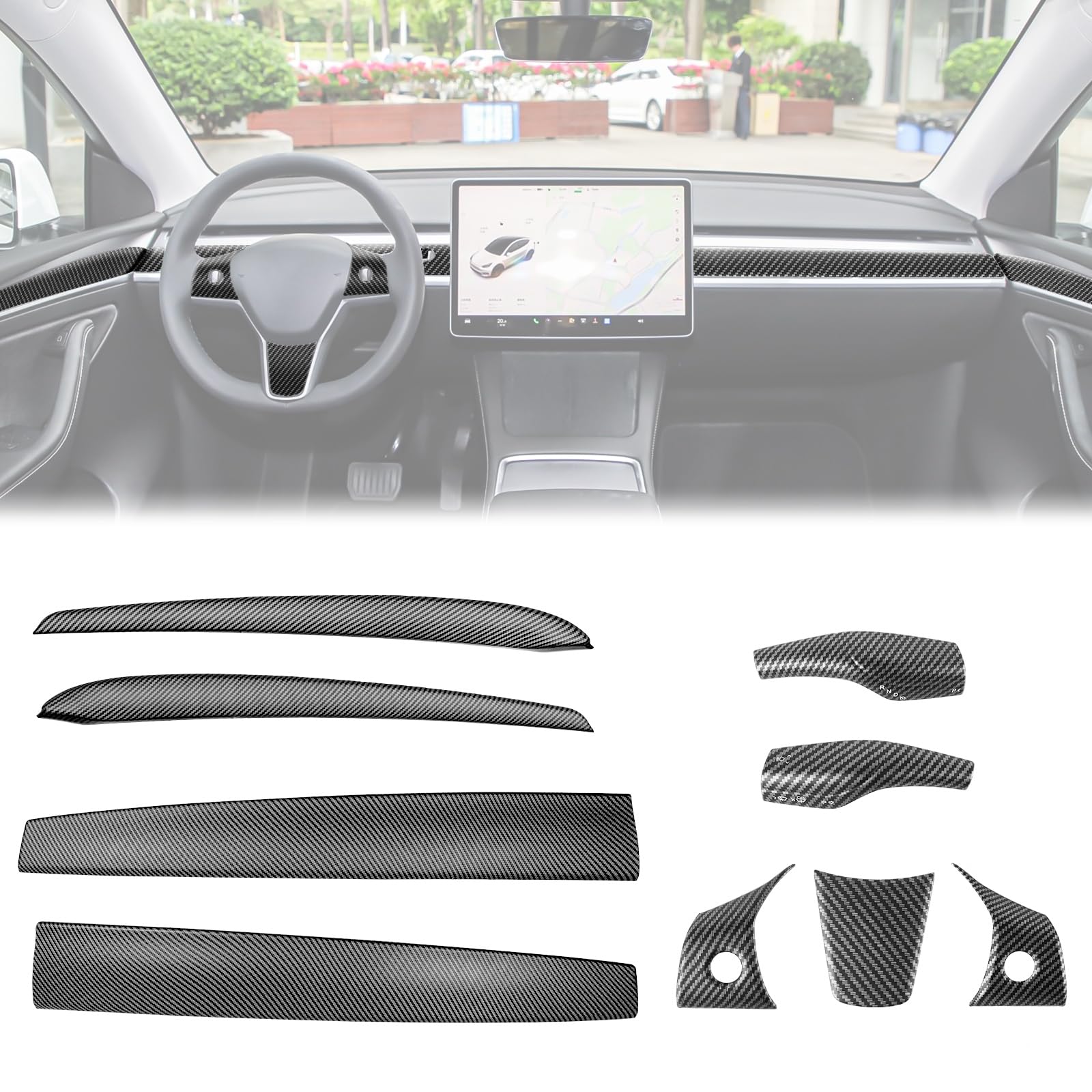 DSI - 9 PCS Carbon Fiber Interior Decor Trim Cover Kit Compatible with 2021-2023 Tesla Model 3 & 2019-2024 Model Y, Dashboard Cover Door Panel Cover Steering Lever Cover Steering Wheel Cover