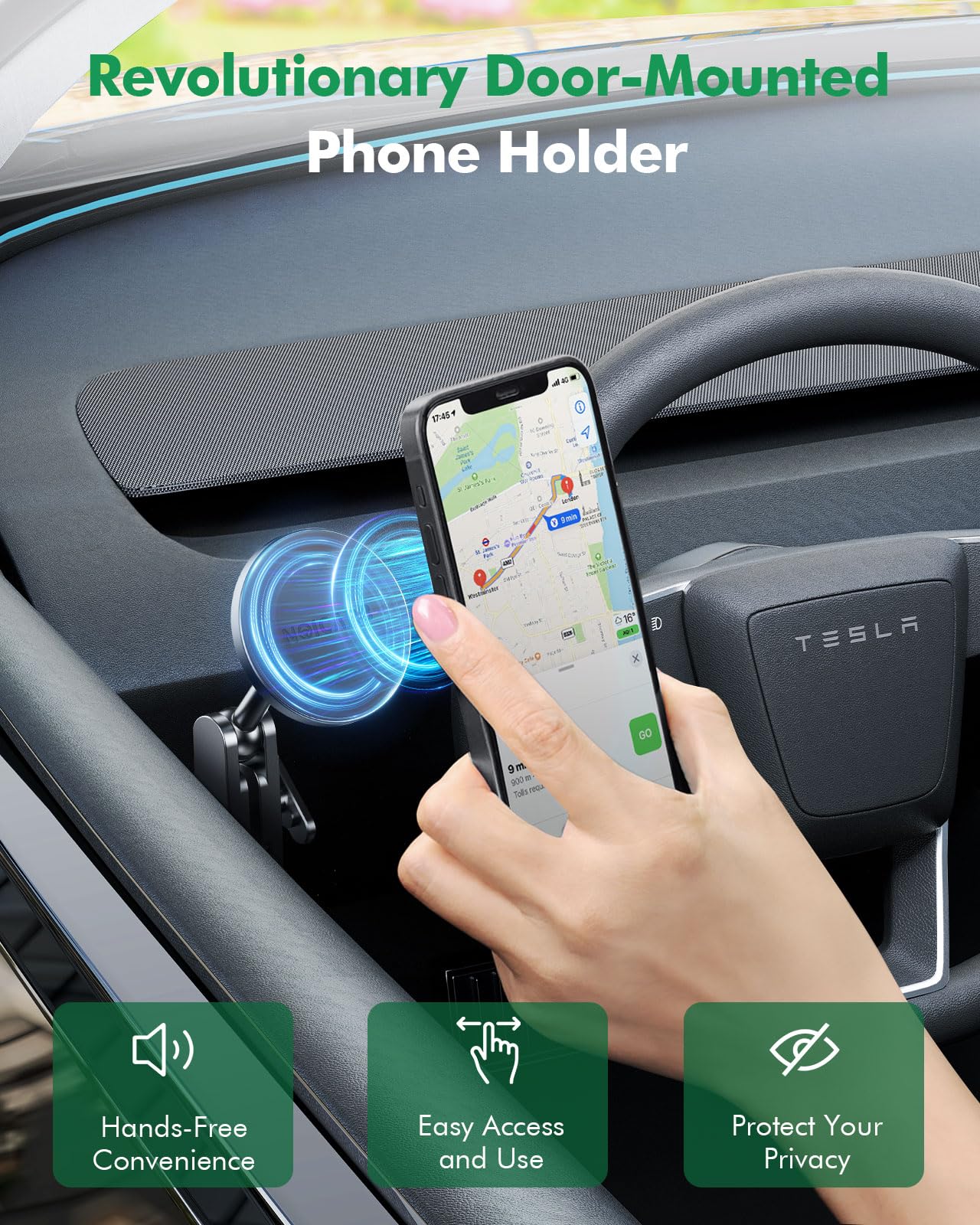 DSI - Mag-Safe Phone Mount for Tesla Model 3 2024 2025 – Exclusive Door-Install Magnetic Car Mount for iPhone 16/15/14/13/12, Accessories for Tesla Model 3 Highland