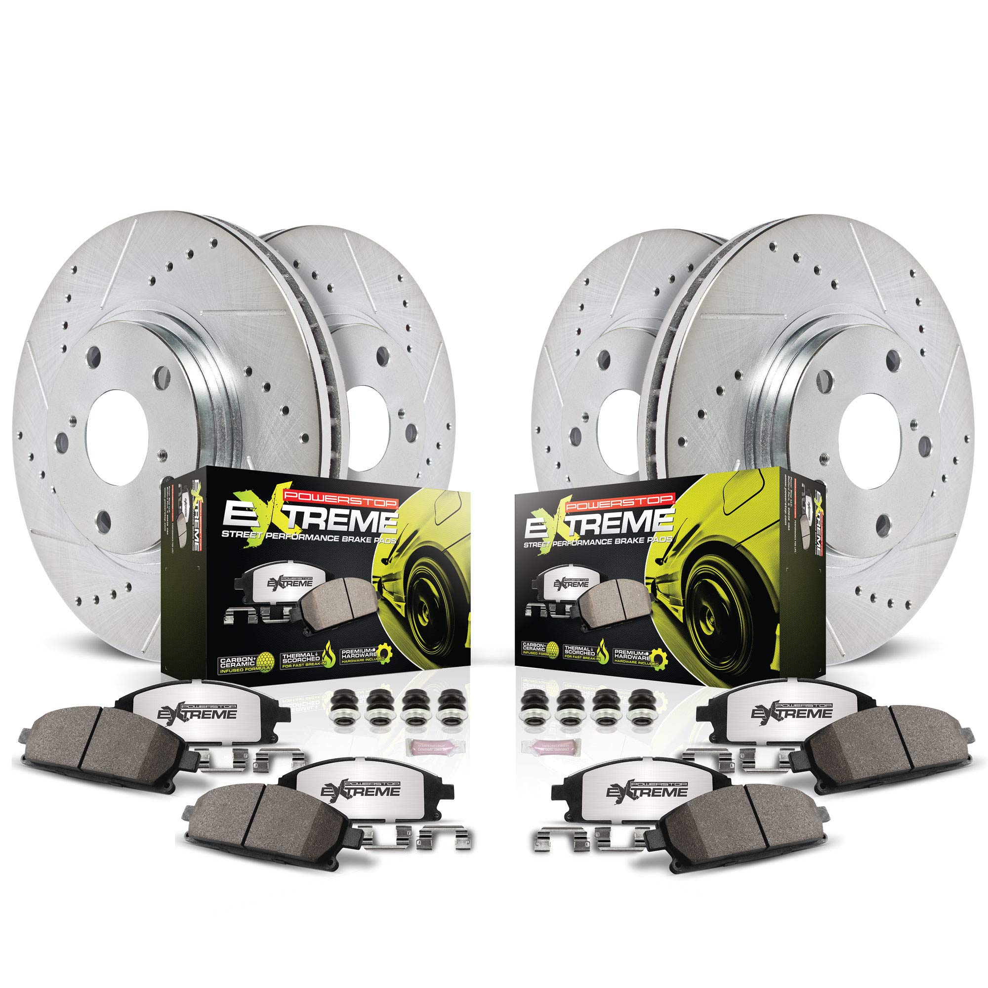 POWERSTOP Front and Rear Z26 Carbon-Fiber Ceramic Brake Pads with Drilled and Slotted Rotors Brake Kit For Tesla 3 2017-2021 [Vehicle Specific]