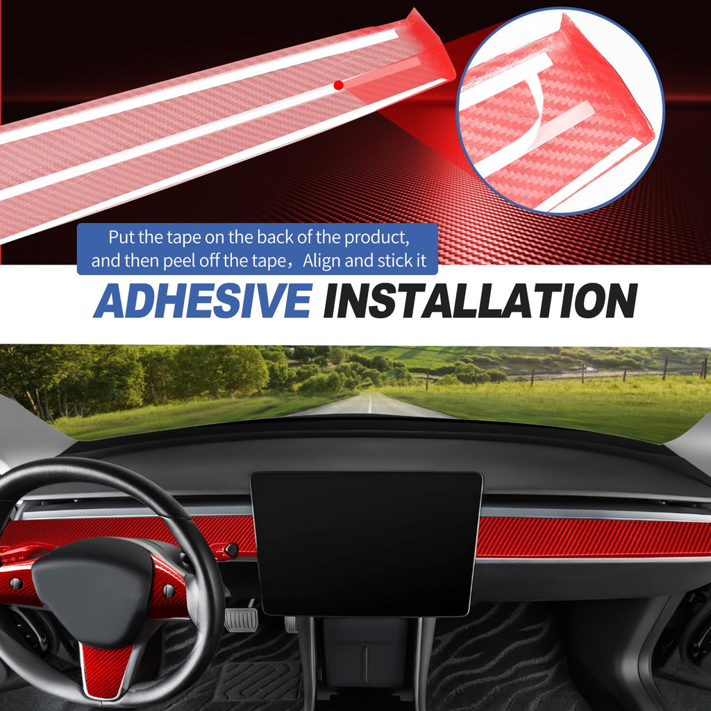 DSI - Real Glass Fiber Dashboard Trim Cover Compatible with Tesla Model 3 / Y 2017-2023, Dashboard Wrap Cover Compatible with Model 3 Interior Trim Strip Cover Model Y Accessories, Red