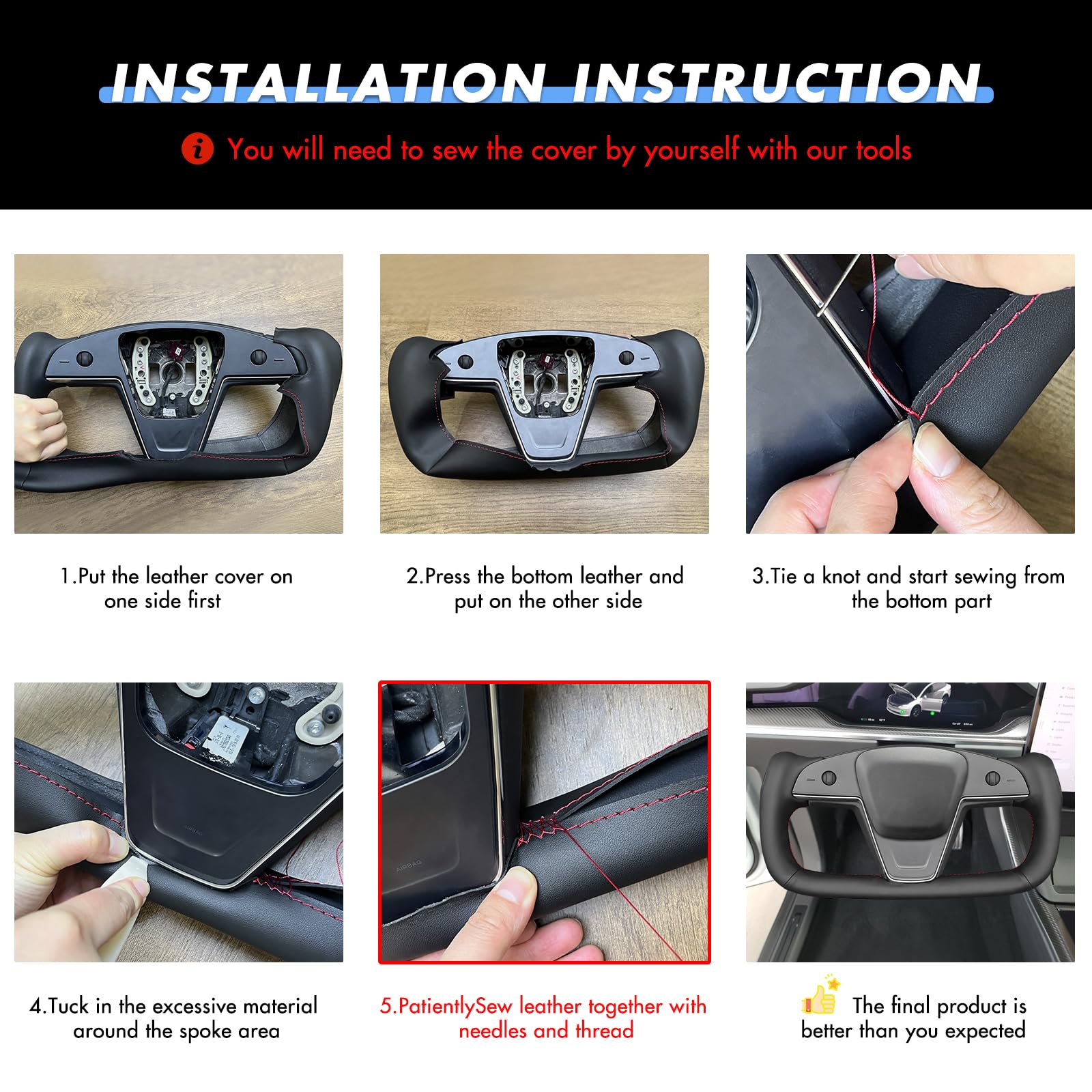 DSI - Hand Stitch Black Genuine Leather Shiny Yoke Carbon Fiber Steering Wheel Cover Wrap for Tesla Model S Yoke Model X - (wrap only)