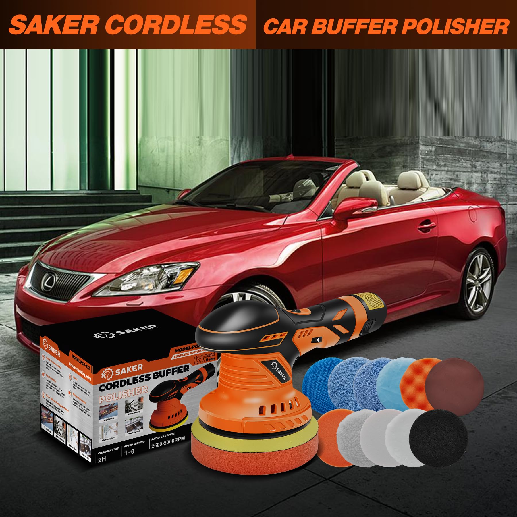 DSI - Cordless Buffer Polisher, 6 Inch Fast Charging Portable Car Polishing Kit with 2PCS 12V 2000mAh Batteries, Polisher for Car Detailing Polishing Waxing (Orange, Buffer Polisher+2 Batteries+1 Bag)