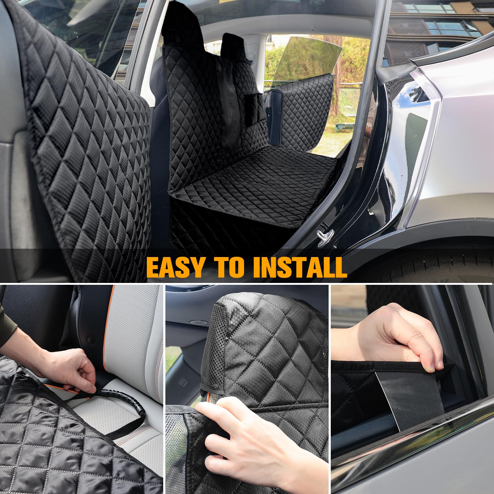 DSI - Dog Seat Covers for Tesla Model 3 & Y Back Seat with 2 Pack Door Protectors, 100% Waterproof Dog Hammock for Tesla with Mesh Window & Headrest Protection Prevents Scratches and Scuffs