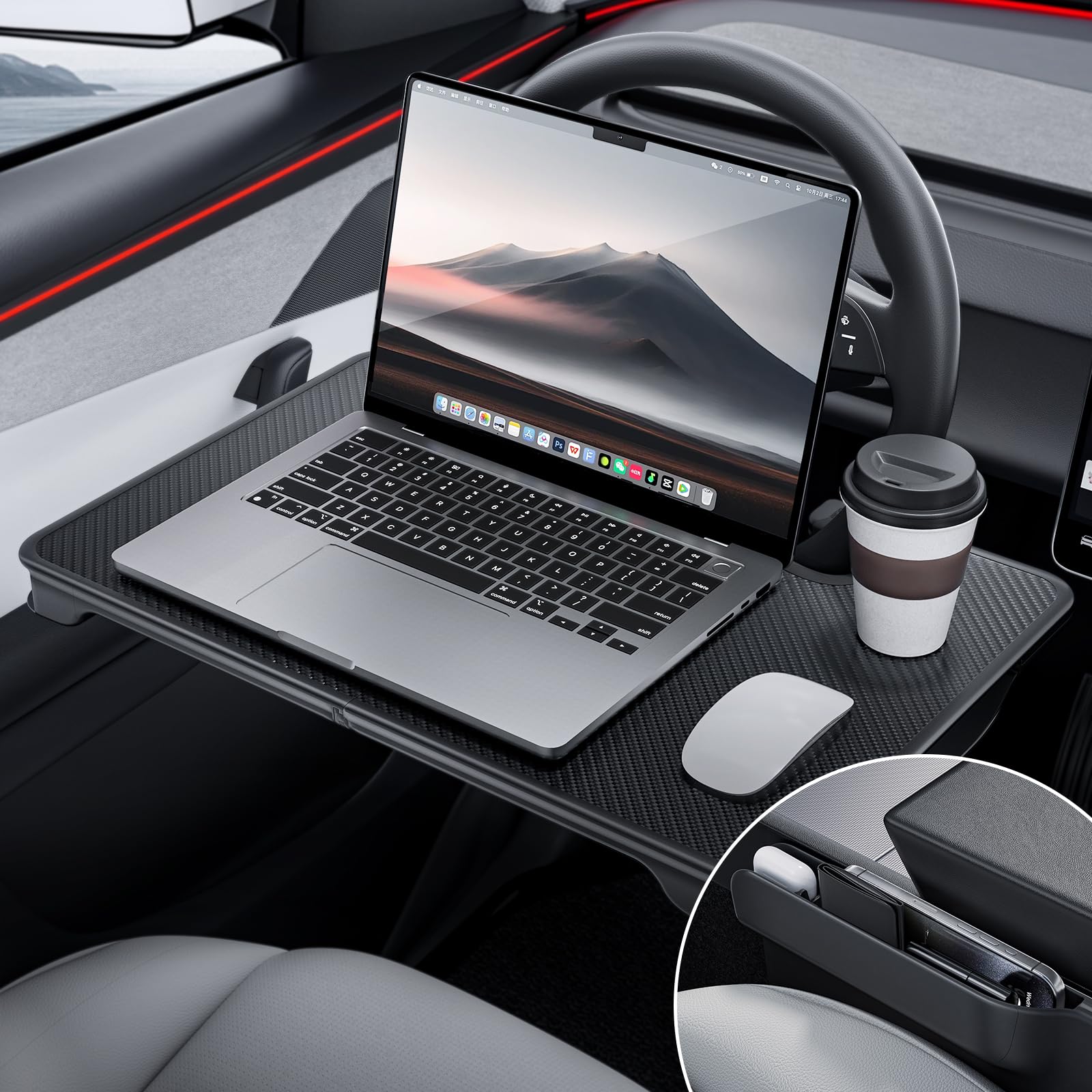 DSI - 2-in-1 Car Steering Wheel Desk Tray & Car Seat Gap Filler Organizer – Foldable Carbon Fiber Look Table for Laptop, Eating Food, Writing – Universal Fit for Most Vehicles - **Top PICK!
