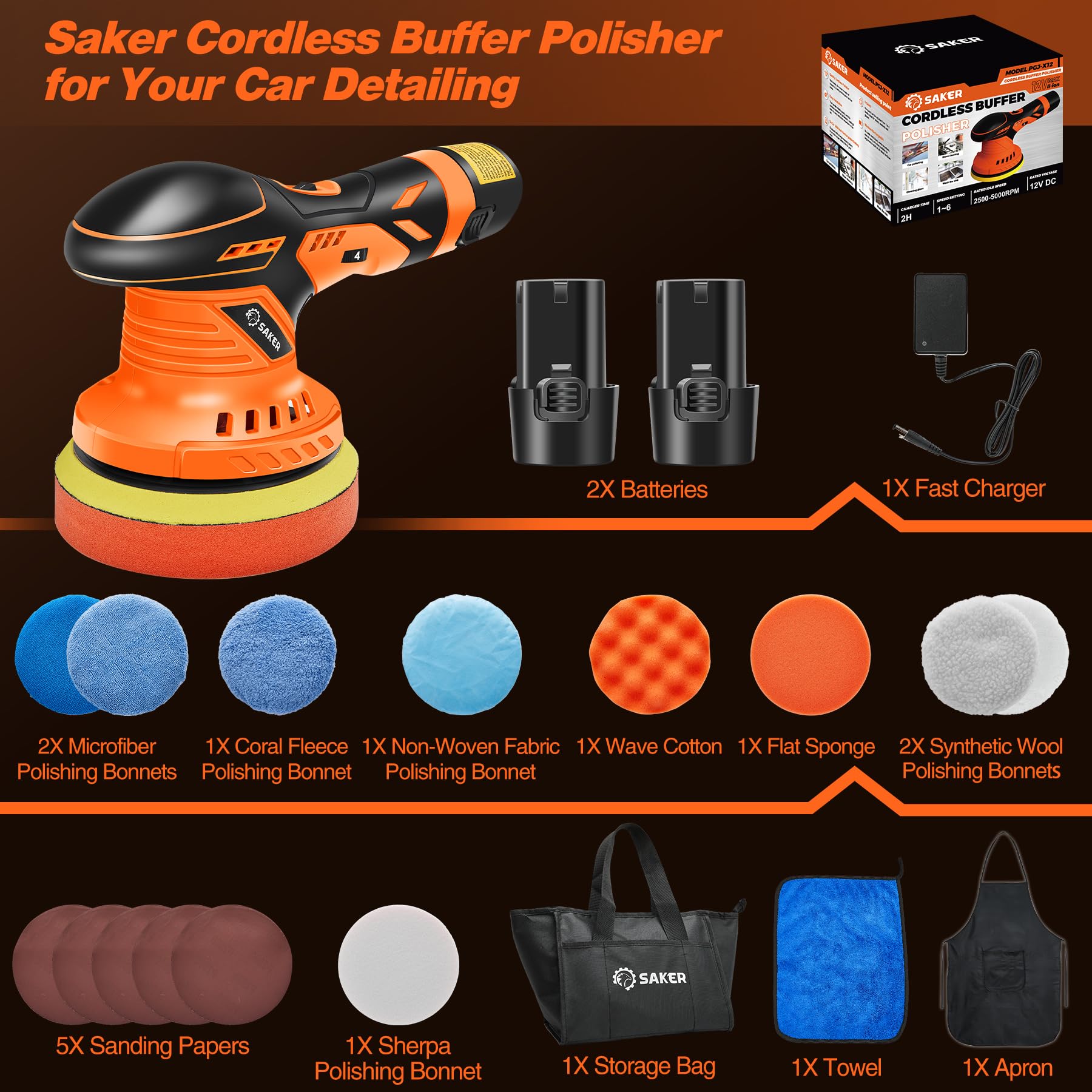 DSI - Cordless Buffer Polisher, 6 Inch Fast Charging Portable Car Polishing Kit with 2PCS 12V 2000mAh Batteries, Polisher for Car Detailing Polishing Waxing (Orange, Buffer Polisher+2 Batteries+1 Bag)