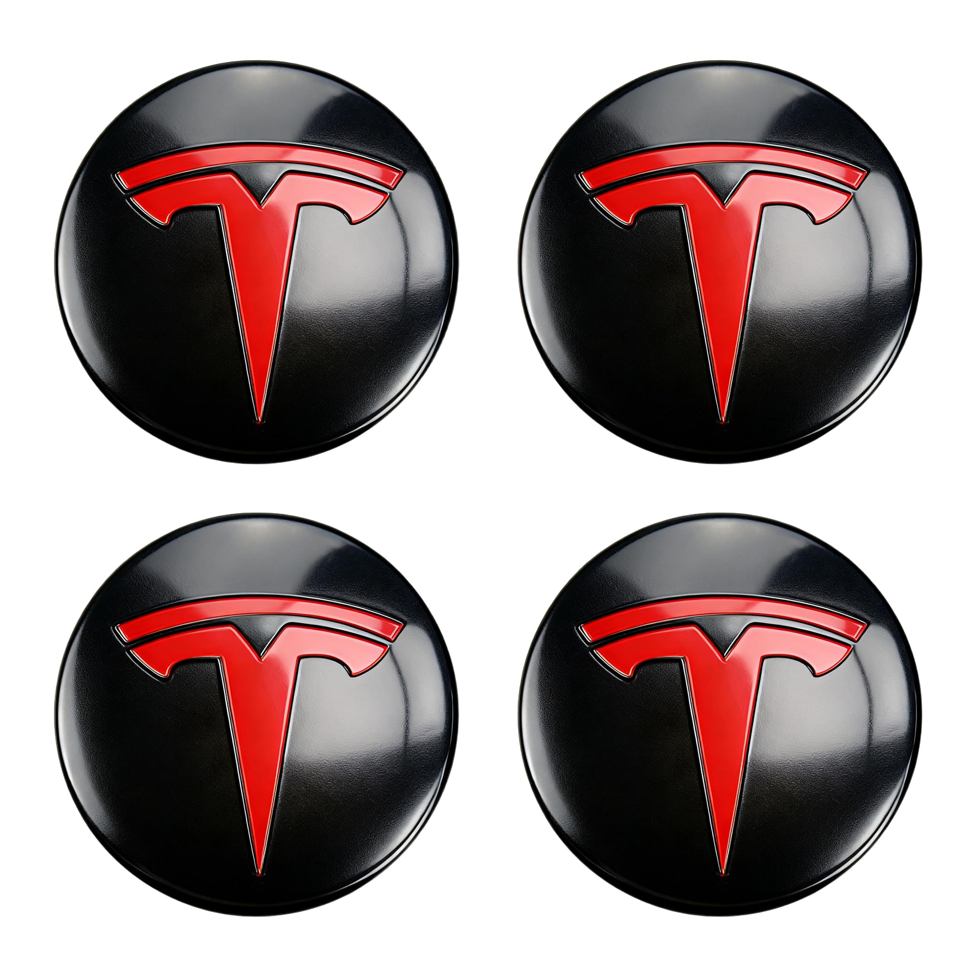 DSI - Wheel Cover Center Emblem Sticker for Tesla Model 3 Model Y Hubcaps Wheel Rim Cover Red Emblem & Gloss Black Background (4PCS) (Black& Red)