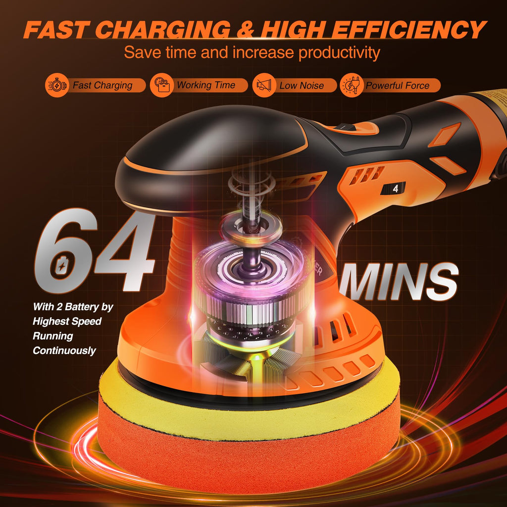 DSI - Cordless Buffer Polisher, 6 Inch Fast Charging Portable Car Polishing Kit with 2PCS 12V 2000mAh Batteries, Polisher for Car Detailing Polishing Waxing (Orange, Buffer Polisher+2 Batteries+1 Bag)
