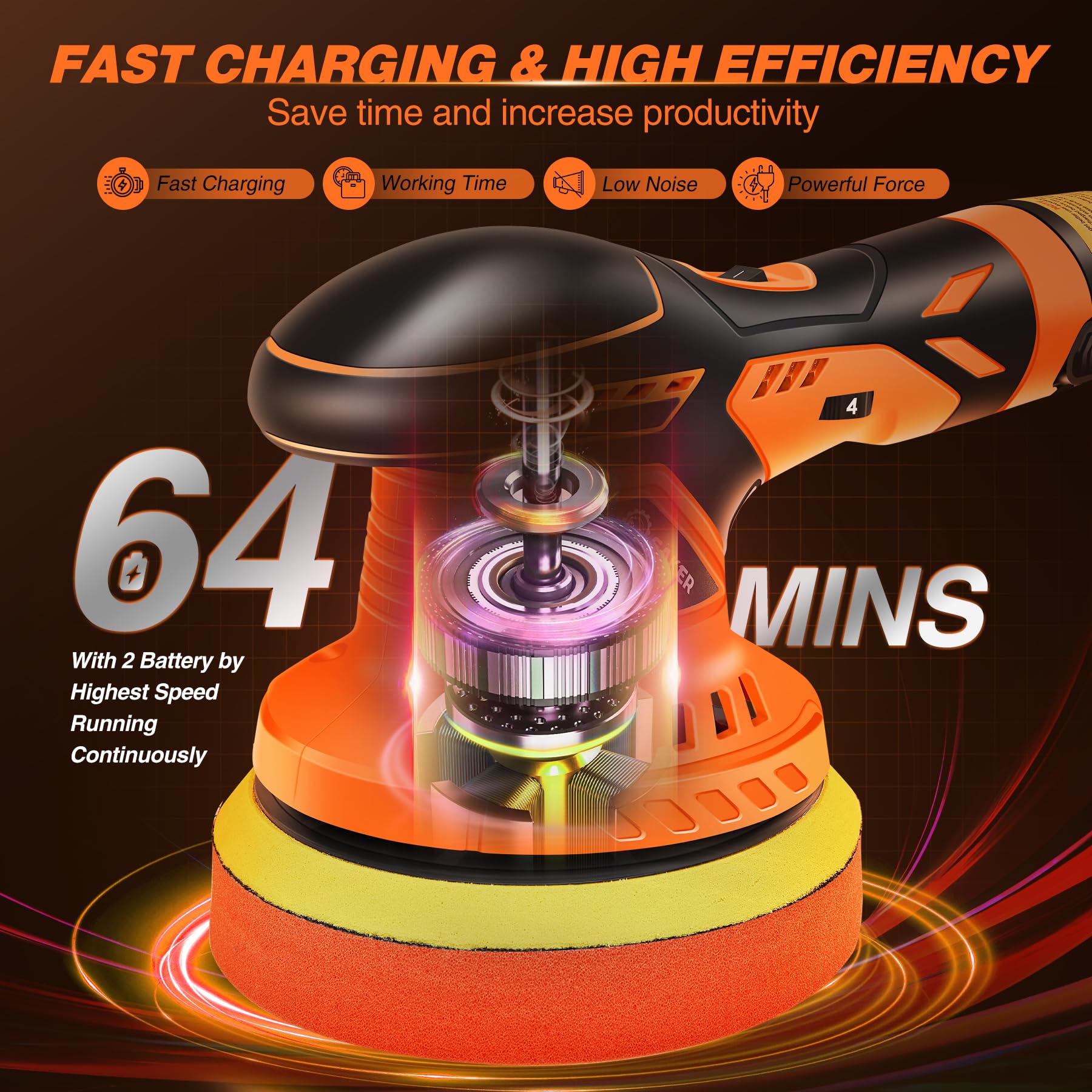 DSI - Cordless Buffer Polisher, 6 Inch Fast Charging Portable Car Polishing Kit with 2PCS 12V 2000mAh Batteries, Polisher for Car Detailing Polishing Waxing (Orange, Buffer Polisher+2 Batteries+1 Bag)