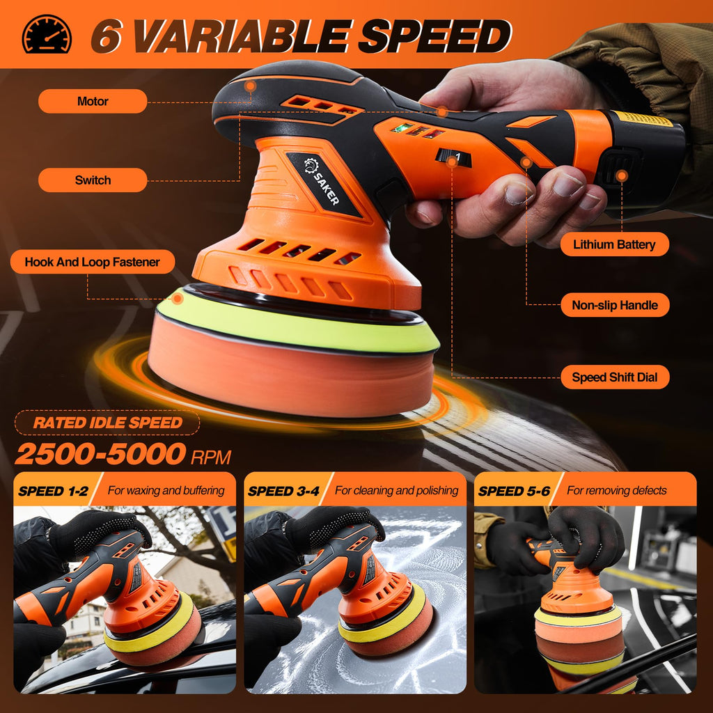 DSI - Cordless Buffer Polisher, 6 Inch Fast Charging Portable Car Polishing Kit with 2PCS 12V 2000mAh Batteries, Polisher for Car Detailing Polishing Waxing (Orange, Buffer Polisher+2 Batteries+1 Bag)