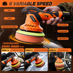 DSI - Cordless Buffer Polisher, 6 Inch Fast Charging Portable Car Polishing Kit with 2PCS 12V 2000mAh Batteries, Polisher for Car Detailing Polishing Waxing (Orange, Buffer Polisher+2 Batteries+1 Bag)
