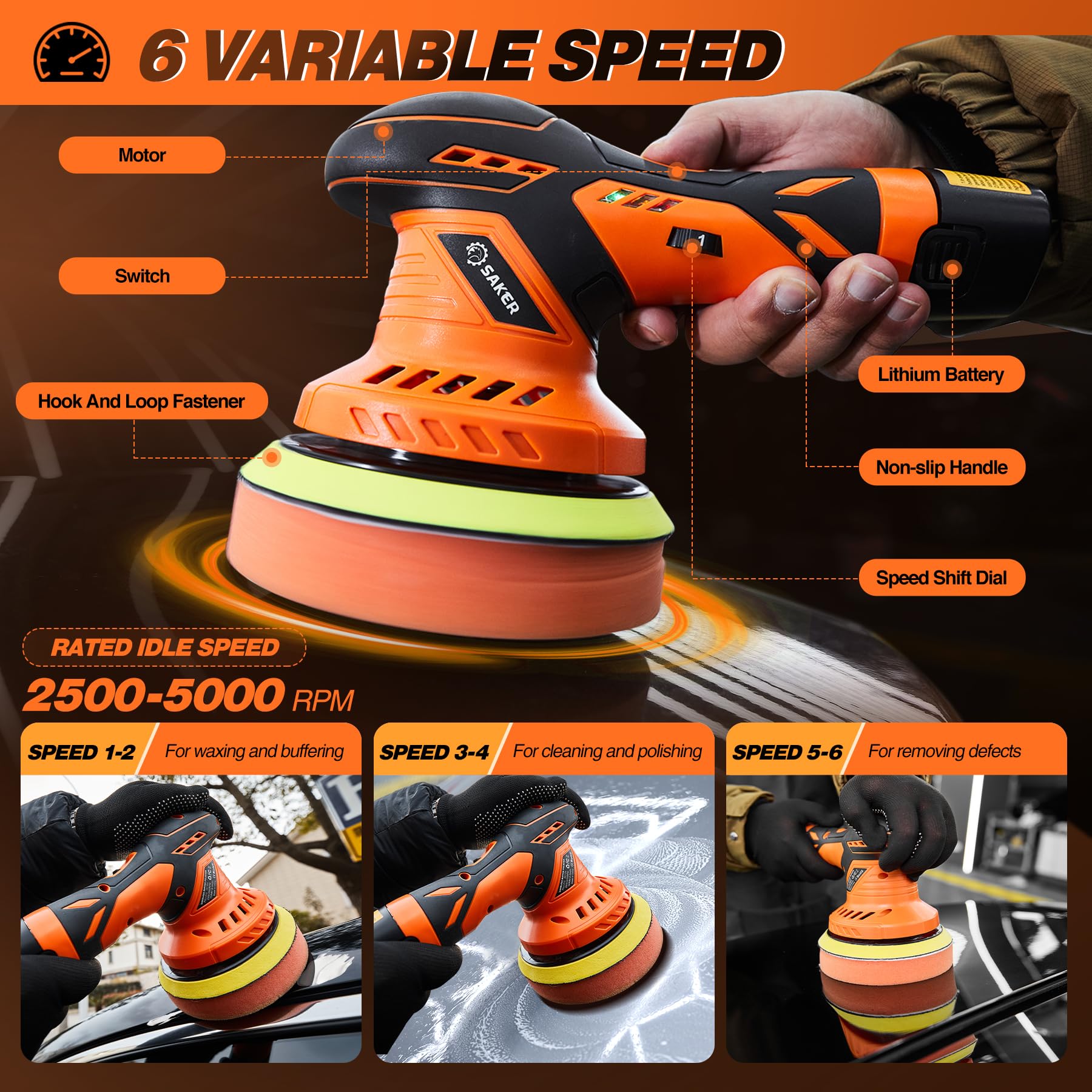DSI - Cordless Buffer Polisher, 6 Inch Fast Charging Portable Car Polishing Kit with 2PCS 12V 2000mAh Batteries, Polisher for Car Detailing Polishing Waxing (Orange, Buffer Polisher+2 Batteries+1 Bag)