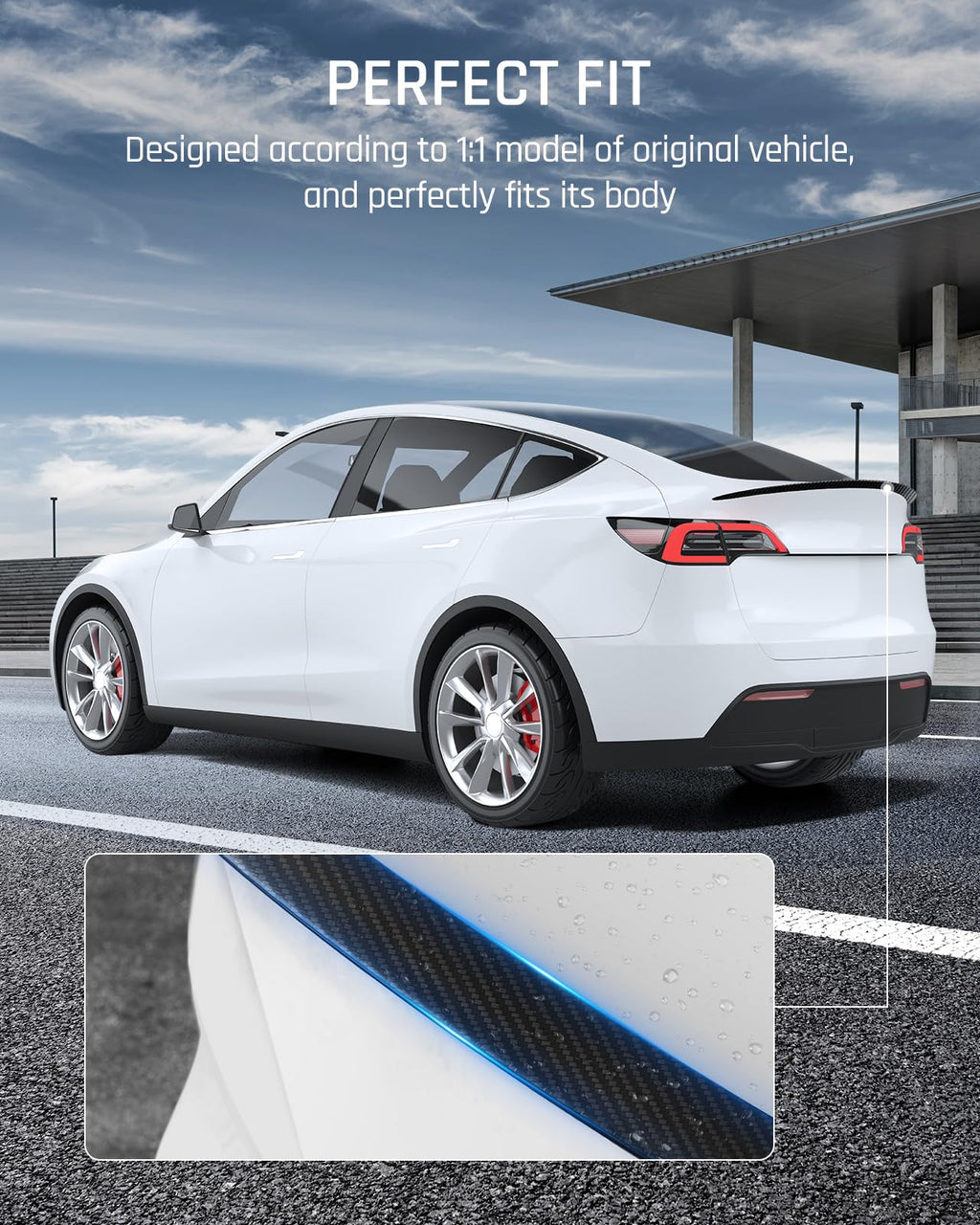 DSI - Real Carbon Fiber Rear Spoiler Wing with Center Console Wrap Cover Kit Screen Protector Frame Compatible for 2021-2024 Tesla Model Y Glossy Black (Set of 3)