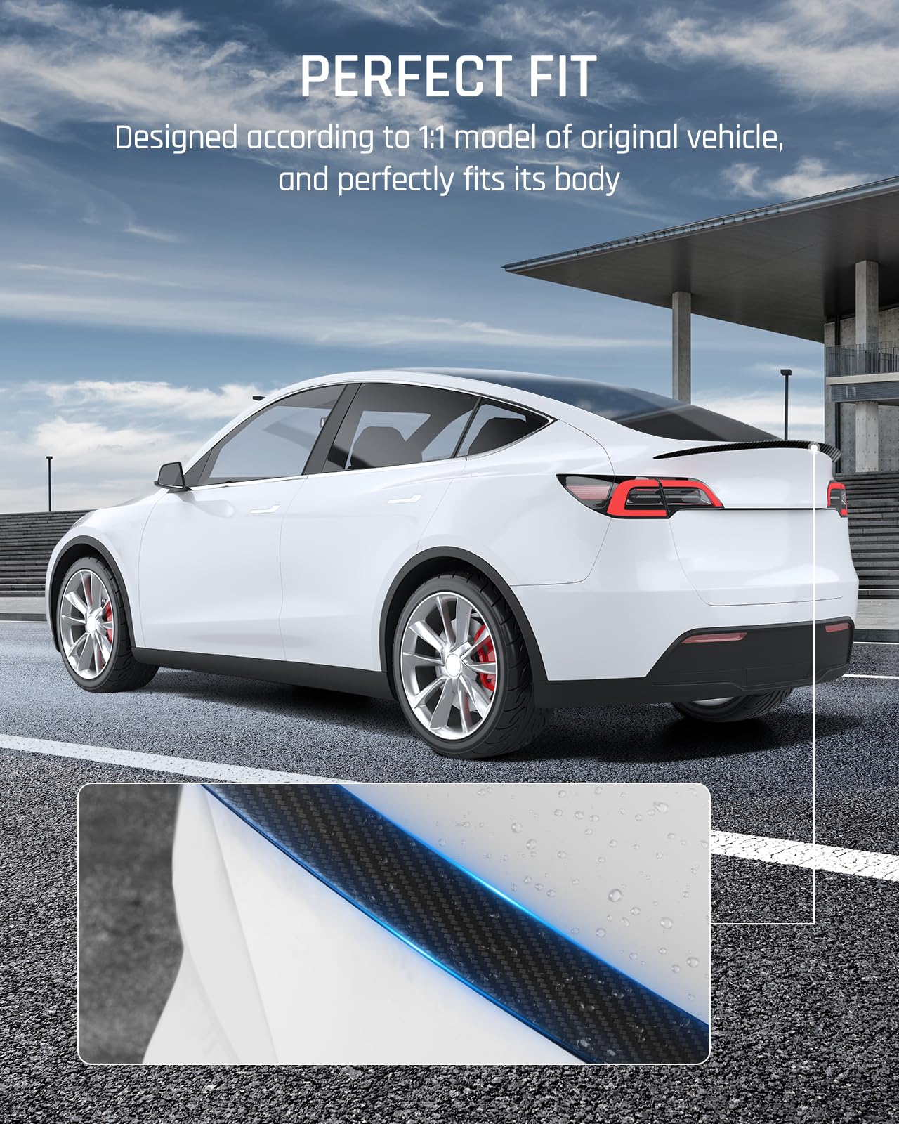 DSI - Real Carbon Fiber Rear Spoiler Wing with Center Console Wrap Cover Kit Screen Protector Frame Compatible for 2021-2024 Tesla Model Y Glossy Black (Set of 3)