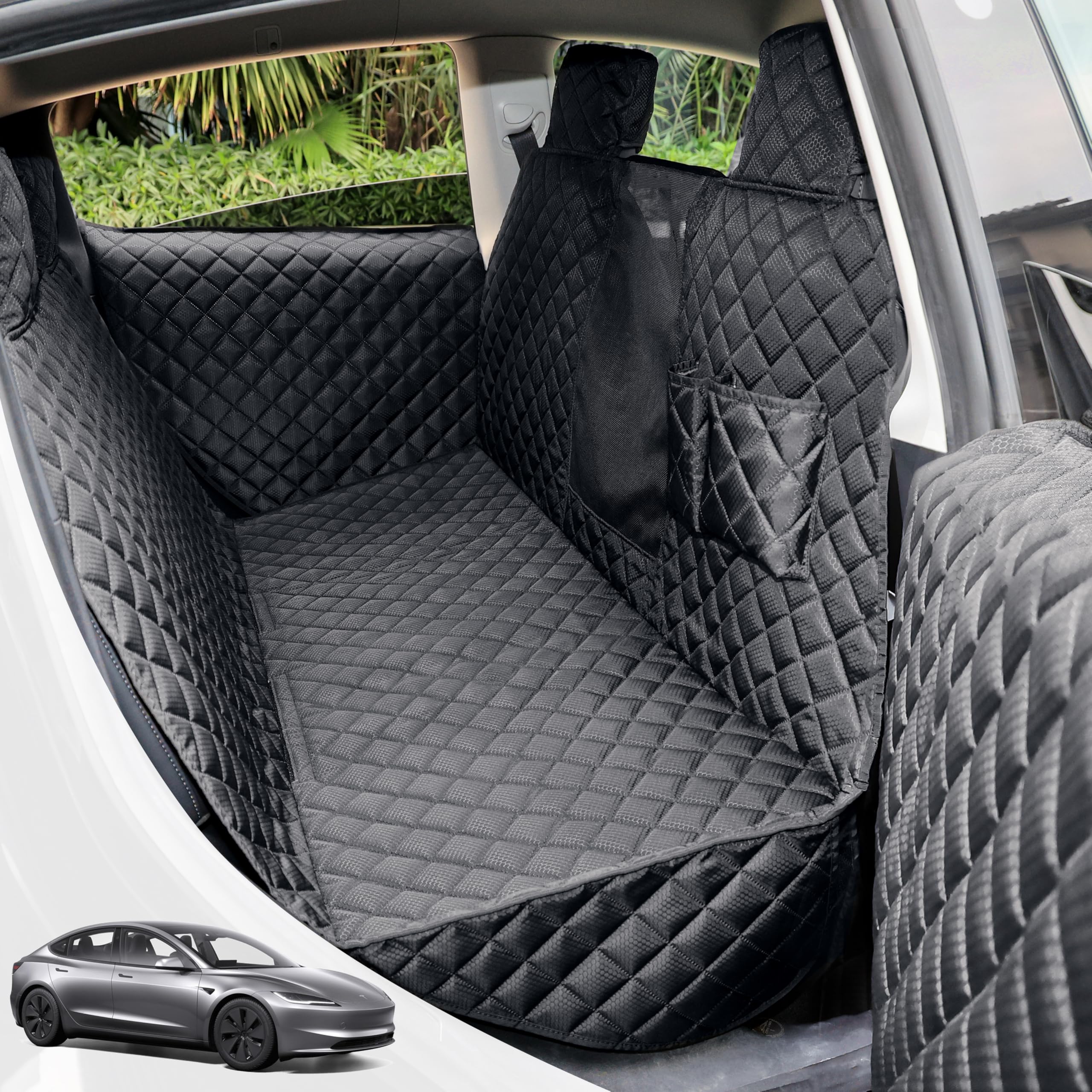 DSI - Dog Seat Covers for Tesla Model 3 & Y Back Seat with 2 Pack Door Protectors, 100% Waterproof Dog Hammock for Tesla with Mesh Window & Headrest Protection Prevents Scratches and Scuffs