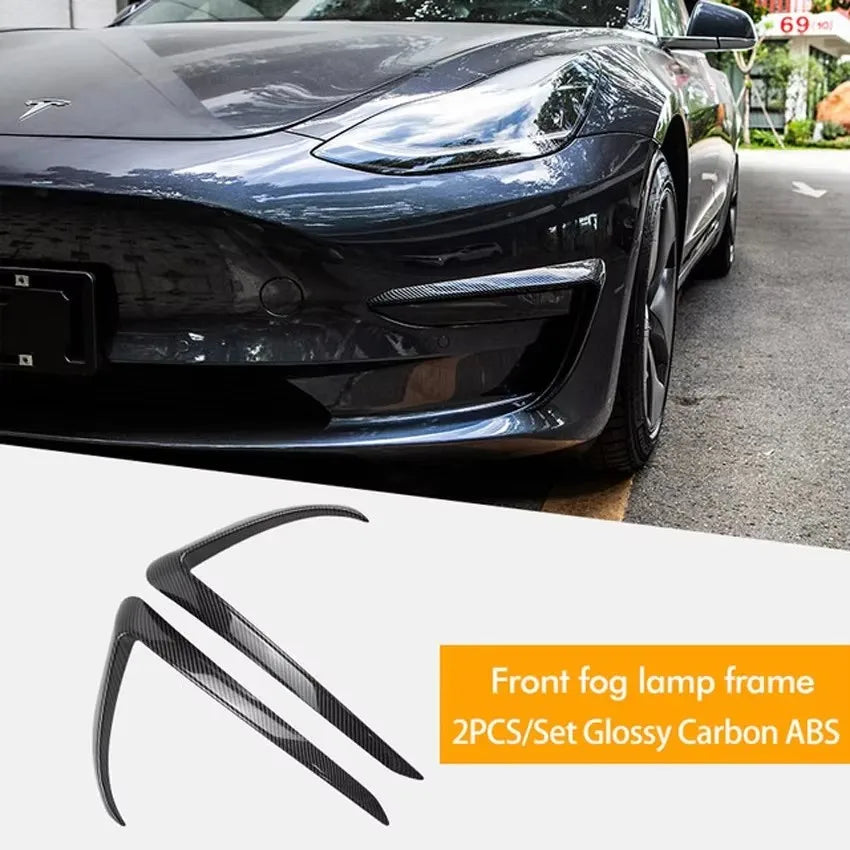 DSI - Tesla Model 3/Y 2017 2018 2019-2023 Glossy Black Carbon Look Car Front Bumper Fog Light Frame Spoiler Decoration/Body Kit